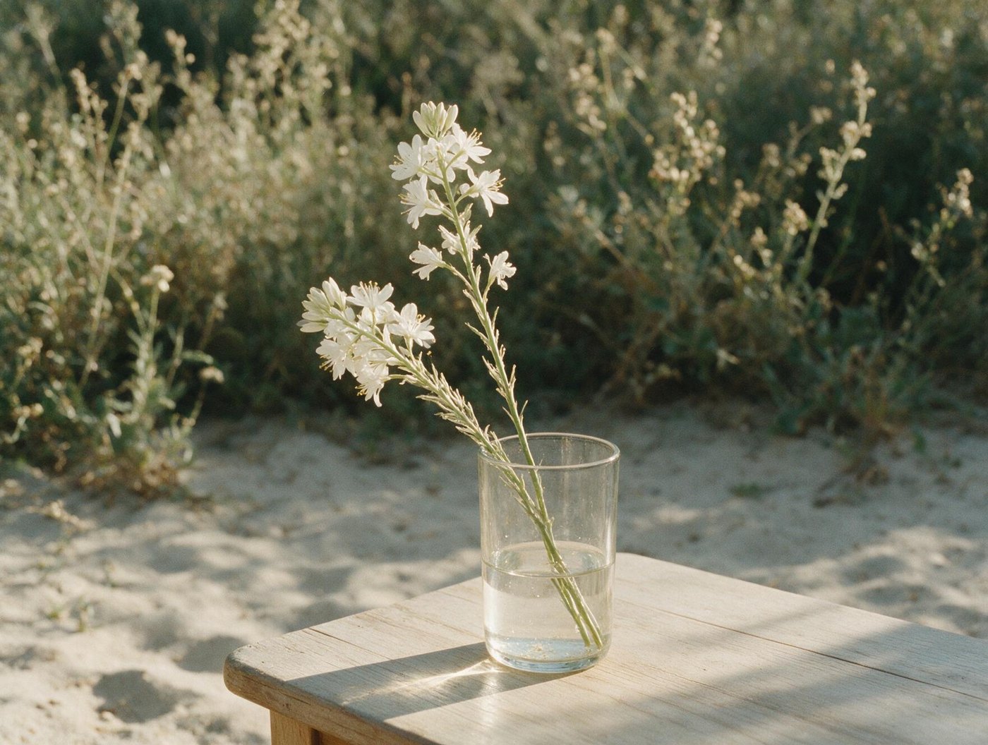 Dos tallos de flores blancas en un vaso de cristal, uno apoyado en el otro